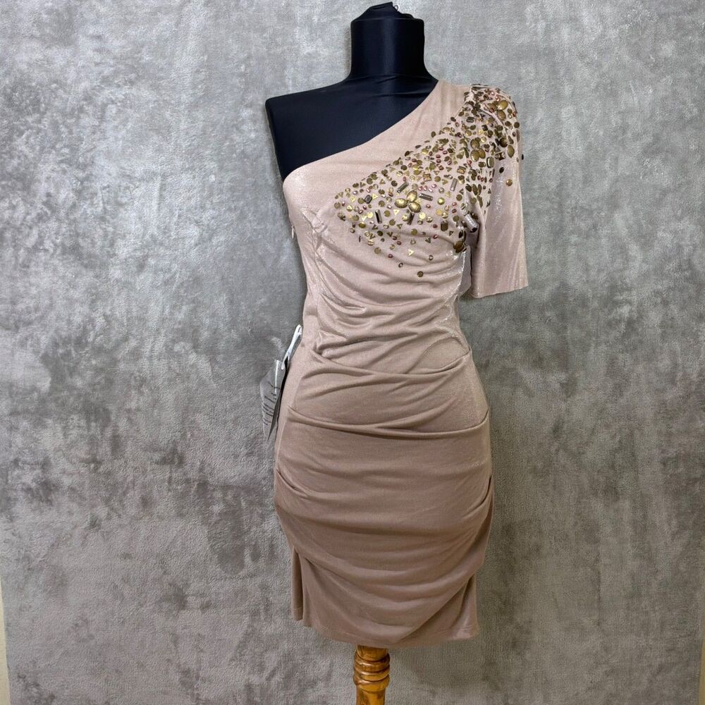 NWT Bebe Sequin Midi Dress Womens S  Beige Cocktail party beaded one shoulder